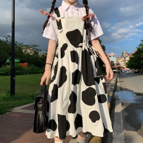 Cute Japanese Lolita College Wind Lace High Waist Milk Cow JSK Sweet Girl Summer Dress Women Kawaii Daily Princess Dress