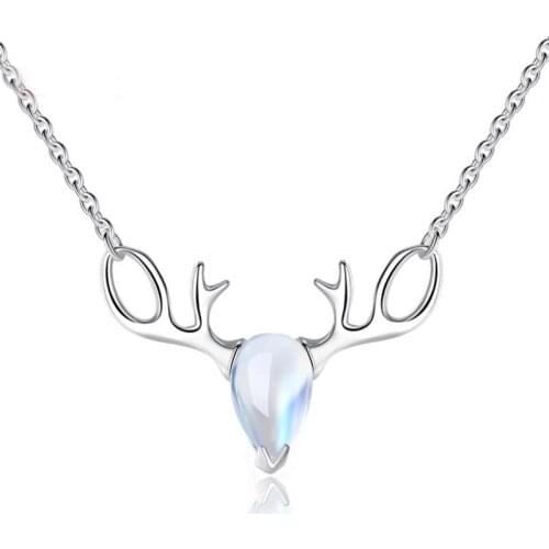 Cute Moonstone Deer Pendant Necklace For Women Jewelry Fashion Silver Plated Chain Necklace Girls Choker Accessories Charm