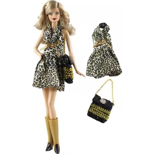 1:6 Fashion Leopard V neck Sleeveless Backless Dresses for Barbie Doll Clothes Outfits Handbag 1/6 BJD Accessories Kids Toy
