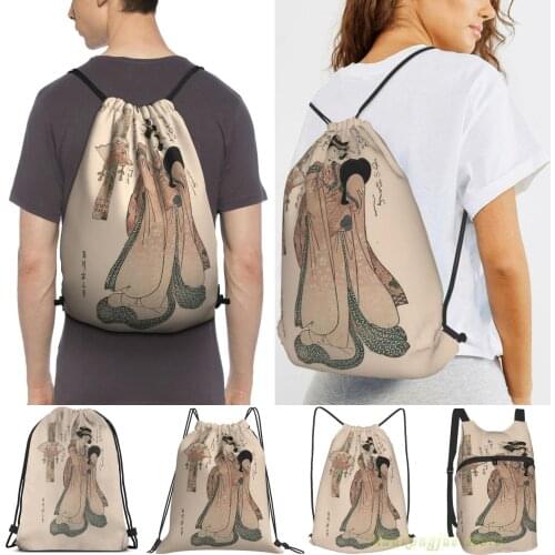 Men Outdoor Travel Drawstring Backpack Bags Vintage Geisha With Fan Illustration Women Sports Travel Bag Fitness Swimming Bag