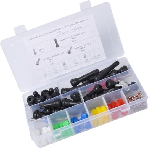 107pcs Auto Replacement Tire Valve Core Kit TR412*8 /TR413*8 /TR414*8 /TR418*8 +Valve Cap*40 (Five Colors)