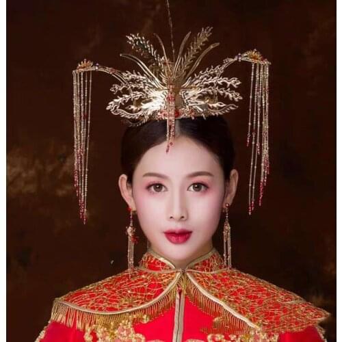 NiuShuya Vintage Chinese Style Gold Phoenix Peacock Coronet Hair Accessories Long Tassel Queen Hair Jewelry Hairwear