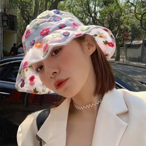 Bucket Hats Women Floral Summer Young Style Fashion BF Ulzzang Outdoor Leisure All-match Female Girls Sun Shading Daily Students