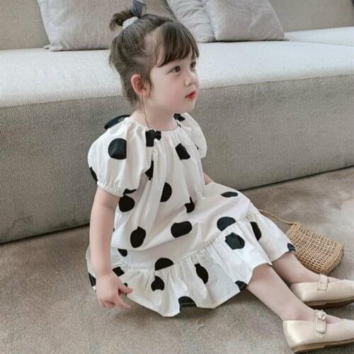 Dot Printed Dress with Bowknot 2020 Ruffles Decoration Summer Clothing Puff Sleeve Knee-Length Dress O-Neck A-Line Dress