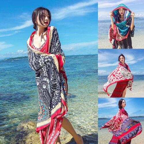 Sunscreen Beach Towel National Wind Women Scarf Travel Silk Scarves Female Literary Scarf Shawl Cotton 1 pc 190*95cm