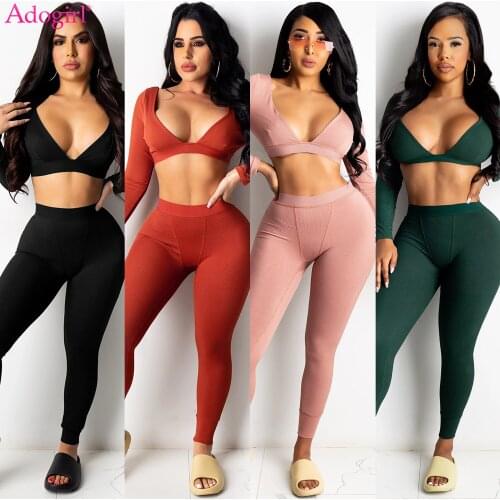 Adogirl Casual Solid Sporty GYM Ribbed Two Piece Set V Neck Long Sleeve Crop Top Pencil Pants Tracksuit Fitness Outdoor Suit