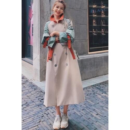 Women long clothing british style spring autumn 2021 new stitching contrast Korean loose windbreaker jacket