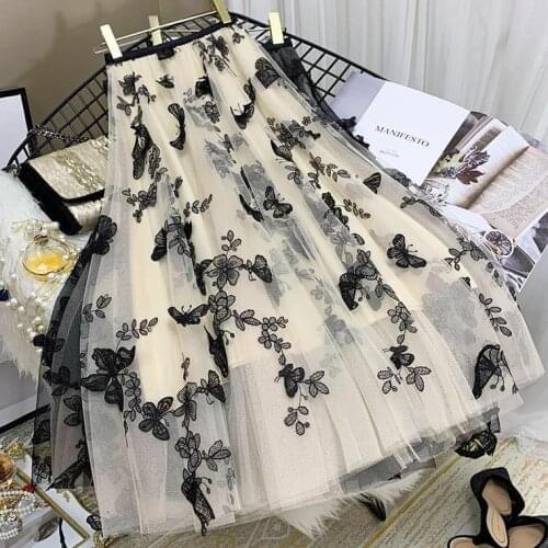 2020 New Summer Mesh A-Line Elastic High Waist Tulle Pleated Skirts Ladies Chic Butterfly Embroidery Layered Fairy Skirts