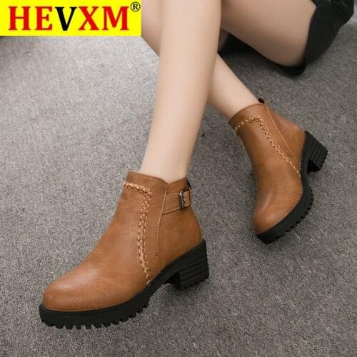 Womens Ankle Boots Zipper Square heel Vintage Print Leather Shoes for Women Buckle Strap Round Toe Casual Short Boots Shoes