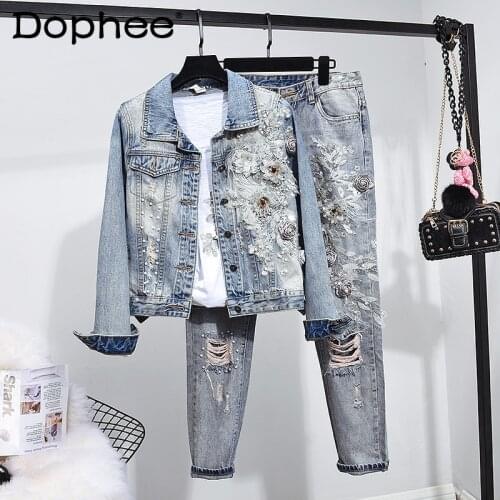2021 European Station Spring Women Chic Beads Flower Embroidered Denim Suit Long-Sleeved Jean Jacket+Ripped Pants Two-Piece Sets