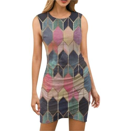 2021 New Elegant Dresses Women Fashion Print Sleeveless Slim O-neck Tank Dress Ladies Summer Party Mini Dress Vestidos