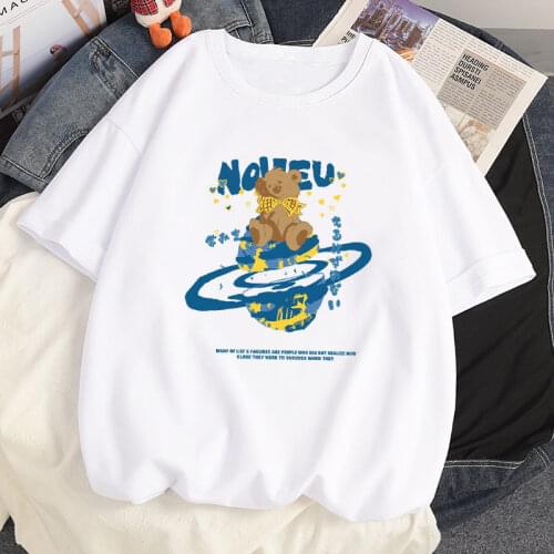 100% Cotton Summer Oversized T-shirts Harajuku Cartoon Anime Kawaii Saturn Bear Printing Loose Short Sleeved T Shirts Women Tops