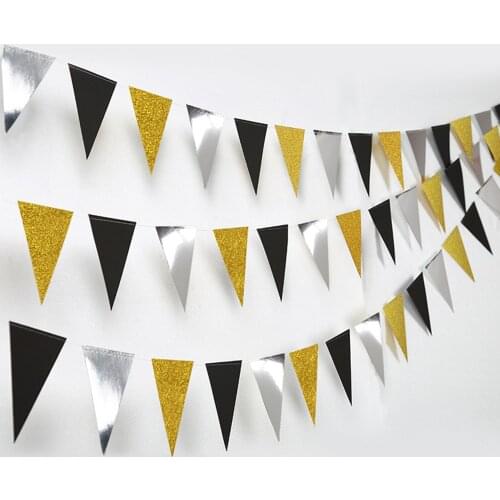 12 flags 4m Hanging Flags Gold Black Silver Pull Flag Glitter Paper Banner Pennant Bunting Garland Wedding Birthday Party Decor