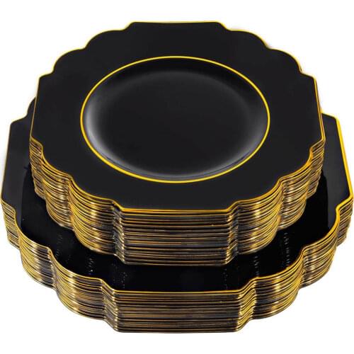 20 Pieces of Black Plastic Plate Baroque Phnom Penh Disposable Dinner Plate Suitable for Restaurant Wedding Tableware Supplies