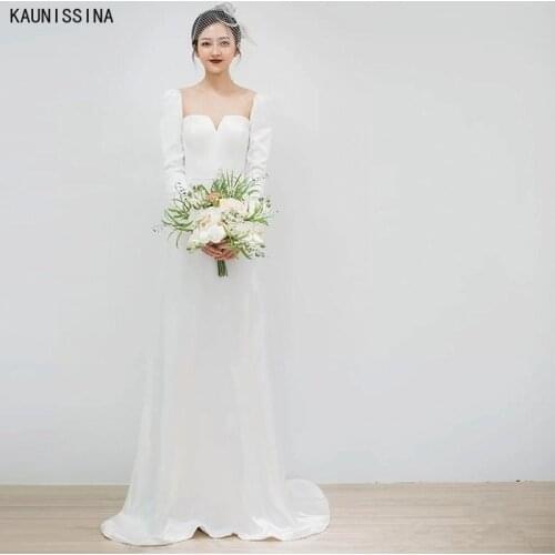 KAUNISSINA Vintage Boho Wedding Dress Square Neck Long Sleeve White Satin Plus Size Wedding Gowns for Bride vestido de novia