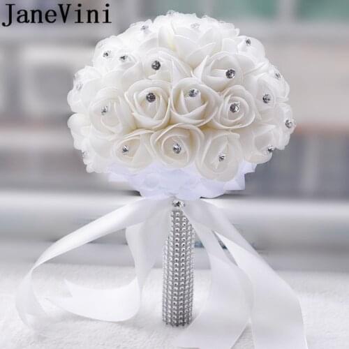 JaneVini White Ivory Wedding Bridal Bouquet Crystal Foam Roses Bride Flower Bouquet Bridal Brooch Fleur Blanche Mariage 2019