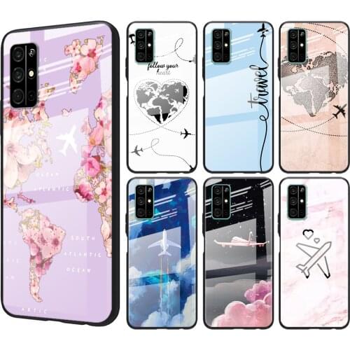 Tempered Glass Cover World Map Travel Just Go For Huawei Honor 30 20 10 9X 8X Pro Plus Lite Shockproof Shell Phone Case