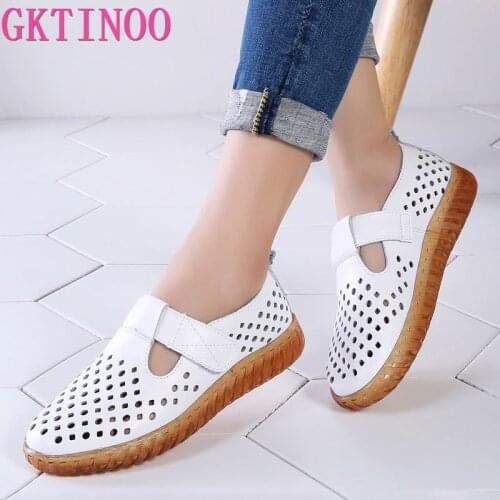 GKTINOO Womans Shoes Fashion 2020 Solid Hook & Loop Cozy Genuine Leather Shoes Women Rubber Hollow Soft Flat Shoes Women