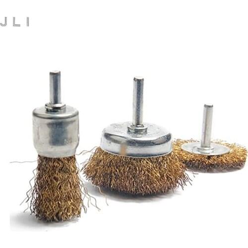 JLI 3pcs 6mm Wire Brush Wheel Plated Metal Rust Removal Shank Copper Polishing Abrasive Brushes Cleaning Brush