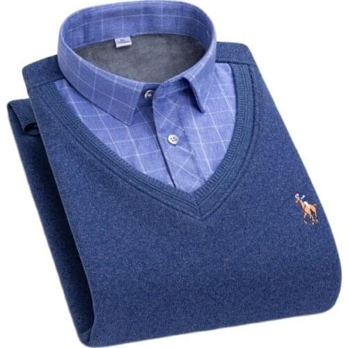 Quality Knitted Warm Fake Two Pieces Men Shirt Winter Man Dress Shirt Business Party Men Clothing Thicken Plus Velvet Shirt