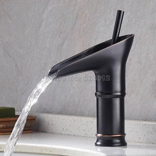 Bathroom Waterfall Tap Black Oil Rubbed Brass Single Handle Basin / Sink Faucet Deck Mounted Cold and Hot Water Faucets Wnf091