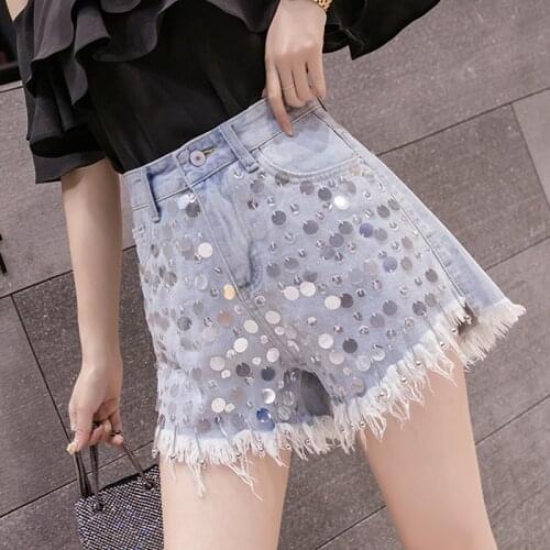 Summer Fashion Lady Womens High Waist Tassel Ripped Hole Sequins Wide Leg Denim Shorts , Female Women Glitters Beads Jean Shorts