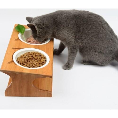 Pet bowl solid wood bowl pet table gold height protection cervical vertebra solid wood double bowl cat dog bowl
