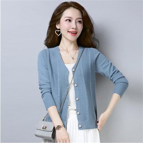 Fashion 2021 Spring Cardigan Women Elegant Solid Single Breasted Knitted Casual Korean Style Tops V Neck Sweater Coat Plus Size