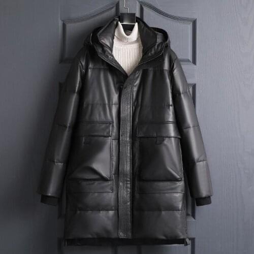 Fashion Genuine Leather Down Jacket Men Hooded Long Clothes Male Winter Sheepskin Down Jacket Thick