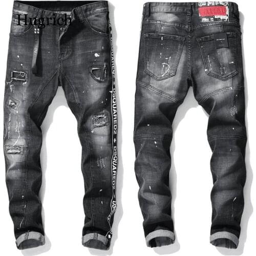 Men Jeans Scratched Torn Holes Patch Lacquer Points Slim Fit Feet Trendy Stretch Black Embroidered Perforat Ribbon Print Pants