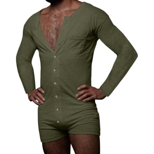 3XL Mens Undershirt Boxers Long Sleeve Buttons Bodysuit Casual Sports Fitness Singlet Jumpsuits Sleepwear Underwear Plus Size