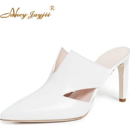 Marcel Triangle Hollow White Women Mules Slippers High Heels 202 Summer Solid Ladies Shoes Outside Classic Dress Party Size 42