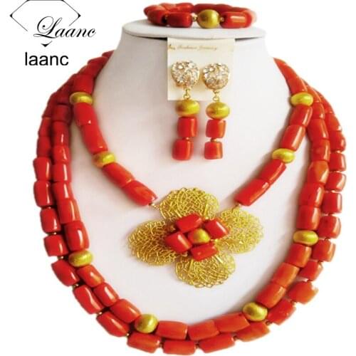 Nigerian wedding set orange coral beads jewelry set costume necklace african set