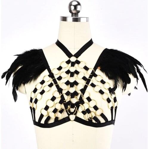 BODY HARNESS Independent Design Gold Ring Black Feather Body Harness Cage Bra Sexy Festival Rave Wear Goth Wing Womens Belt