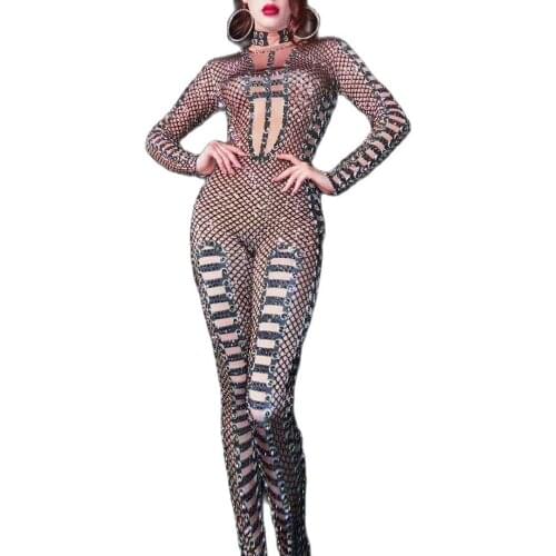 Sexy Mesh Black Jumpsuits Women Strench Skinny Bodysuits Party Nightclub Outfit Dancer DJ Stage Costume