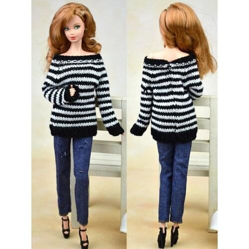 Sweater + Leather pants / Limited Edition Handmade / Black & Red Stripe Coat Doll Accessories Clothes For 1/6 Kurhn Barbie Doll