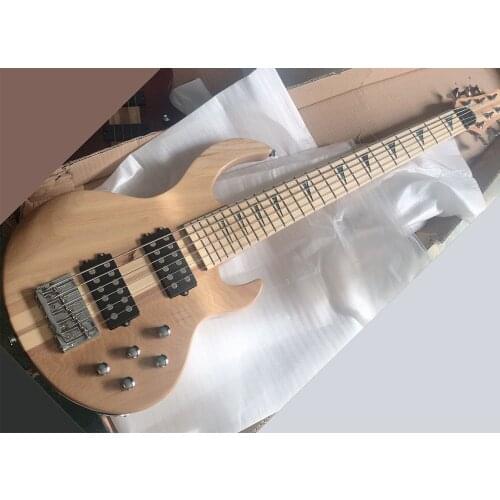 In Stock-6 Strings Natural Wood Color Neck-thru-body Electric Bass Guitar with Maple fretboard,Abalone Inlay