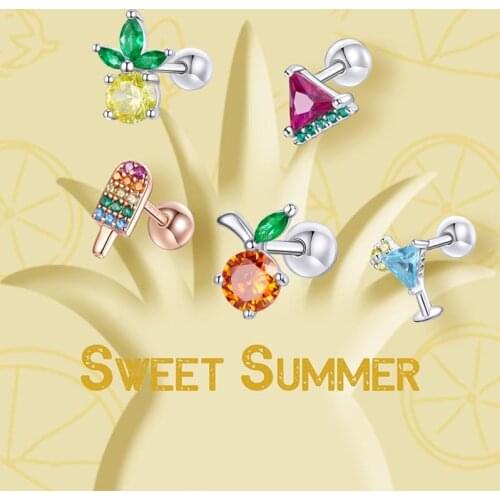 Wostu Ear Studs 925 Sterling Silver Summer Sweetheart 1pc Stud Earrings Pineapple Fruit Theme Jewely Accessories Gift FNE489