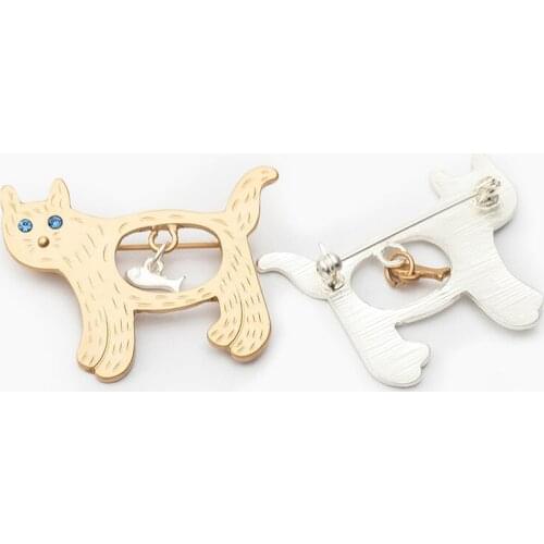 Cartoon Lovely Kitty Cat Golden Fish Blue Eyes Silver Plated Golden Brooches for Women
