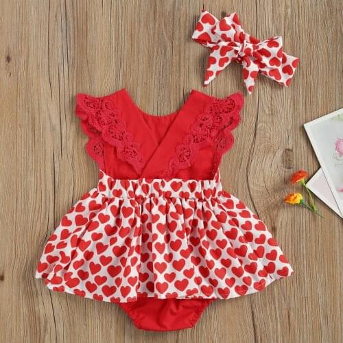 2021 Valentines Day 0-24M Newborn Baby Girl Love Heart Romper Dress Sweet Lace Fly Sleeve Rose Red Playsuit Dress+Headband 2pcs