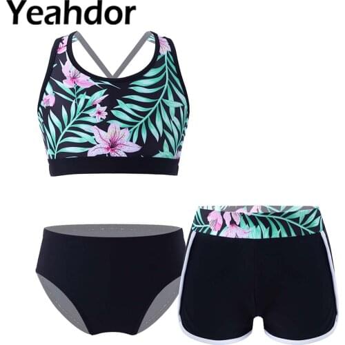 3Pcs Kids Girls Summer Swimwear U Neck Cross Straps Open Back Print Crop Tops with Shorts and Briefs Set Beach Rashguard Suit