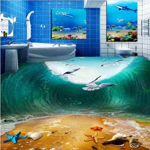 Beibehang Customize any size fresco shock waves seabirds beach toilets bathroom bedroom 3d floor photo wallpaper