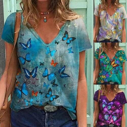 5xl Plus Size Butterfly Printing Shirt Short Sleeve V-neck Top Caual Loose Blouse Women Summer Vintage Tunic Tops Женская Одежда