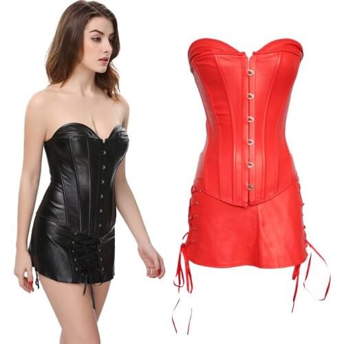 Black Red Fashion Corset Bustier Dress Set Overbust Sexy Lingerie Women Corselet Tops Skirt Thong Party Wholesale korsett