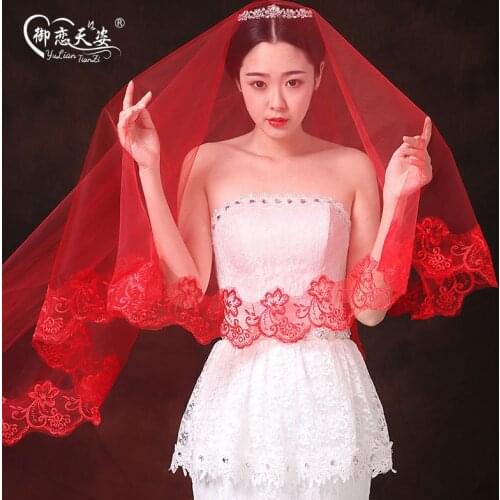 Cheap White Red Wedding Veils Lace One Layer Tulle Short Wraps Bridal Veil Accessories With Combs Elbow Length