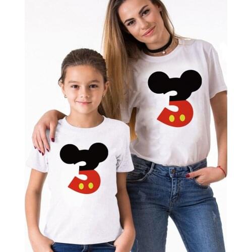 Mickey Mouse Number 3 Print Family Matching T Shirt Summer White O-neck Kids Children Tee Shirts Family Matching Clothes Outfits