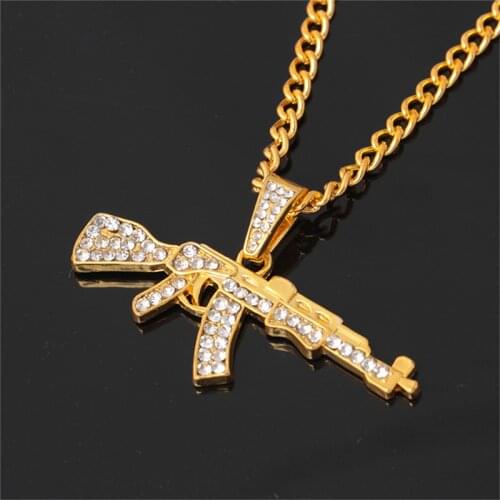 Hip Hop AK47 Gun Pendants Necklace Rhinestone Paved Bling Iced Alloy Golden Silver Color Metal Necklace For Men Rapper