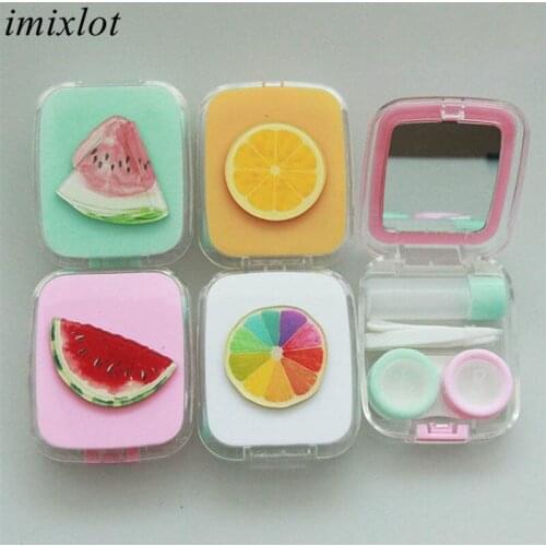 Imixlot 4 Styles Cute Fashion Travel Pocket Storage Contact Lens Case Holder Container Fruit Style Square Lens Box with Mirror