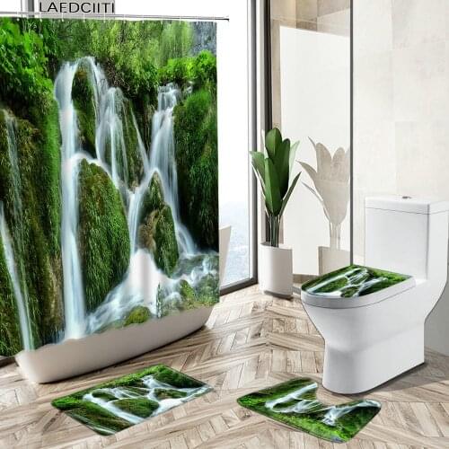 Waterfall Scenery Shower Curtains Set Forest Lake Stone Green Plant Landscape Non-Slip Rug Toilet Lid Cover Gate Mat Washable