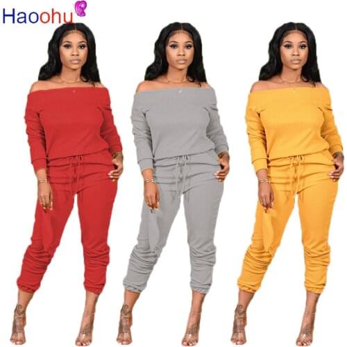 HAOOHU Solid Knitted Women Set Two Pieces Set Tracksuit Off Shoulder Tee Tops Jogger Sweatpant Suit Outfit Matching Set